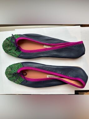 Meher Kakalia Embroidered Beaded Navy Leather Ballet Flats with Pink Trim New